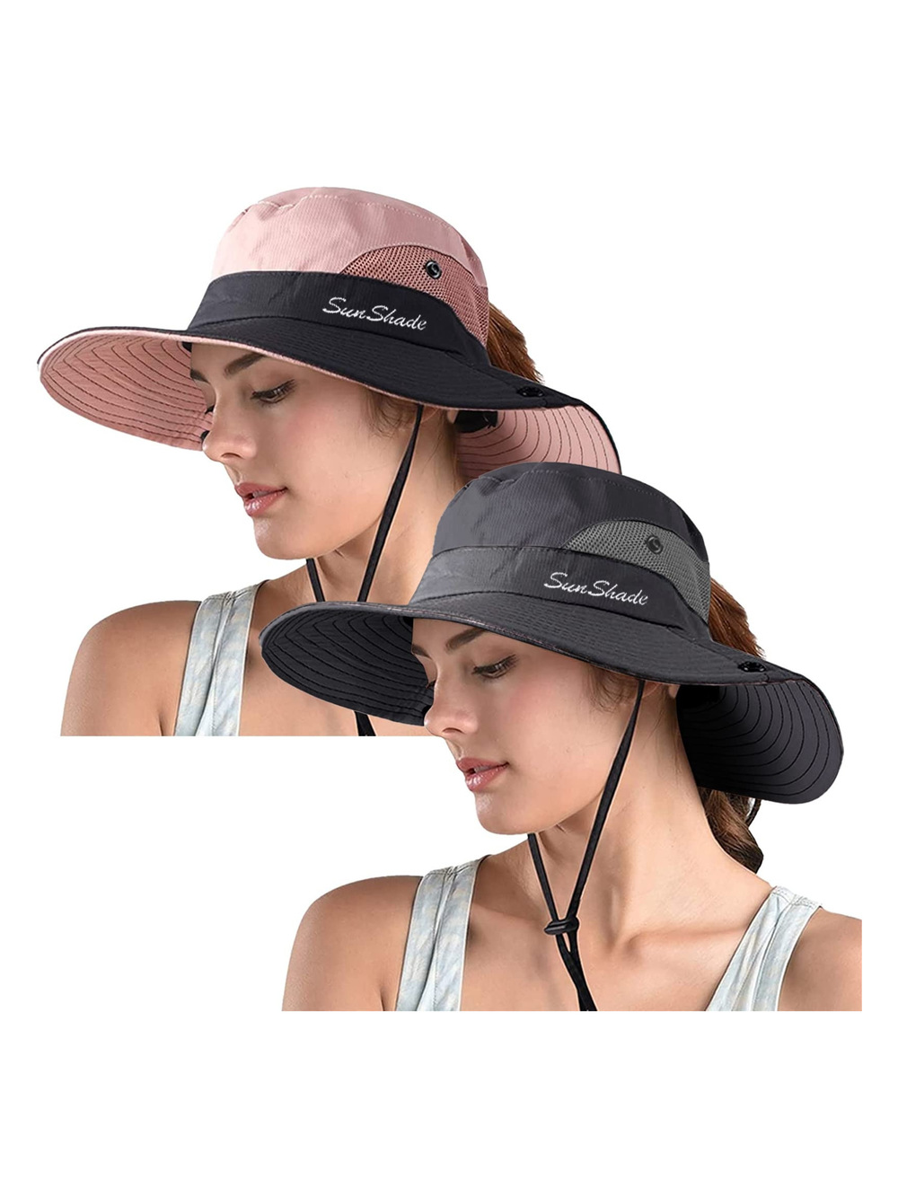 Women's Ponytail Safari Sun Hat,Wide Brim UV | Pink, Gray | Size 6 3/4-6 7/8